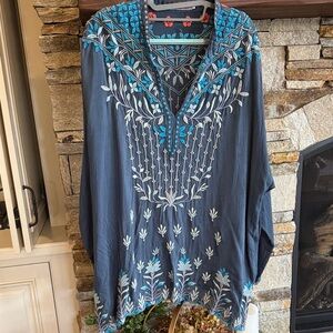 Johnny Was embroidered tunic top ( blues and aqua)